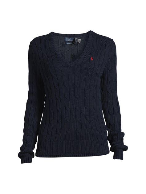 Introducing the Polo Ralph Lauren Long Sleeve Pullover. Crafted With Combed Cotton For A Soft Hand, This Essential V-Neck Sweater Is Defined By A Cable-Knit Construct And Slim-Fitting Silhouette. Our Embroidered Pony At The Chest Lends A Signature Finish. Ralph Lauren Partners With Better Cotton To Improve Cotton Farming Globally. Slim Fit. Intended To Hit At The Hip. Sleeve Length: Long Sleeves Neckline: Crew Washing Instructions: Please See Care Label Composition And Material: 100% Better Cotton Knitted Sweaters Women, Ralph Lauren Sweater Outfit, Ralph Lauren Clothes, Realistic Wishlist, Form Outfits, Dream Wishlist, Ralph Lauren Jumper, Ralph Lauren Womens Clothing, Bday Wishlist