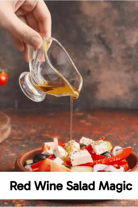 Hand pouring red wine dressing over a fresh vegetable salad in a bowl. Red Wine Vinegar Salad Dressing Recipe, Red Wine Vinegarette, Red Wine Vinegar Salad Dressing, Curried Egg Salad Recipe, Red Wine Vinegar Dressing, Vinegar Salad Dressing, Crab Salad Recipe, Gourmet Salad, Easy Salad Dressing