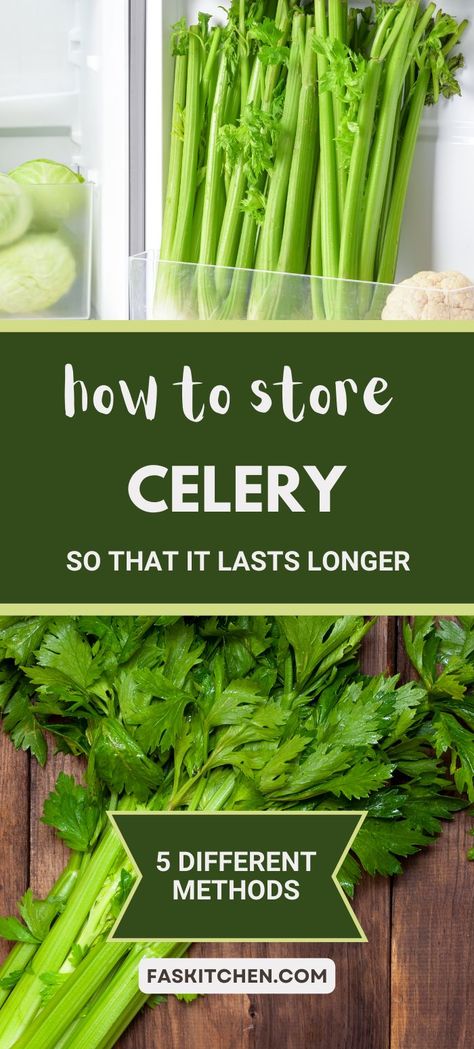 An image of fresh celery with text explaining 5 easy ways to store it. Learn how to keep your celery crisp and fresh for longer. Ideal for anyone looking to improve their food storage skills. #Celery #FoodStorage #KitchenHacks Can You Freeze Celery, Storing Celery, Store Celery, How To Freeze Celery, How To Store Celery, Freezing Vegetables, Storing Fruit, How To Store, Reduce Food Waste