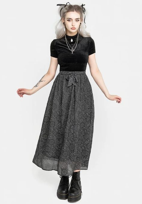 We make alternative fashion to comfort the disturbed and disturb the comfortable. Modern Witch Outfit, Midi Skirt Outfit, Wardrobe Wishlist, Velvet Skirt, Midi Length Skirts, Tattoo Sleeve, You Dream, Cute Bow, Goth Outfits