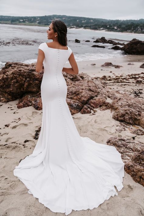 Modest Wedding Dresses Square Neck, Modest Square Neck Wedding Dress, Form Fitting Wedding Dress Modest, Solid White Wedding Dress With Buttons Down The Back, Crepe Modest Wedding Dress, Conservative Wedding Dress, Wedding Dresses Lds, Simple Elegant Wedding Dress, Plain Wedding Dress