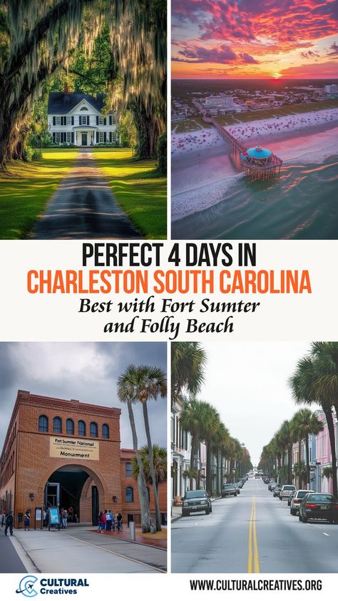 Image showcasing a scenic plantation entrance, a sunset beach pier, and iconic Charleston streets, illustrating ideas for the Perfect 4 Days in Charleston South Carolina. Charleston Itinerary, Angel Oak Trees, Folly Beach South Carolina, South Carolina Lowcountry, Angel Oak, Cypress Gardens, Edisto Island, South Carolina Travel, Fort Sumter