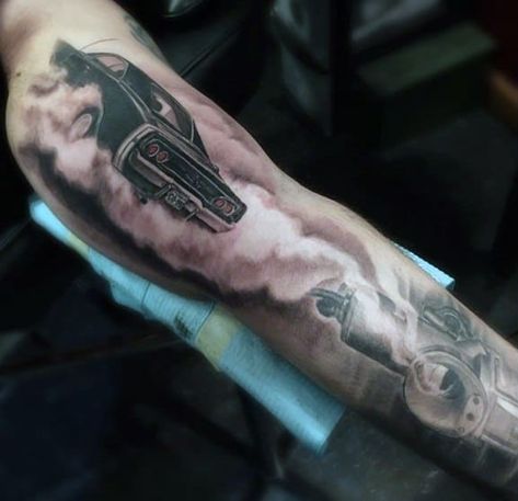 Car Sleeve Tattoo For Men, Mopar Tattoo Ideas, Dodge Challenger Tattoo, Challenger Tattoo, Marissa Tattoo, Muscle Car Tattoo, Dodge Tattoo, Car Tattoos For Guys