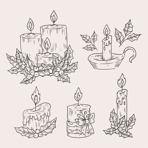 Christmas Candle Illustration, Yule Drawings, Christmas Candle Drawing, Christmas Card Drawing Ideas Hand Drawn, Christmas Candle Art, Candles Drawing, Candle Doodle, Candle Sketch, Christmas Decorations Drawings