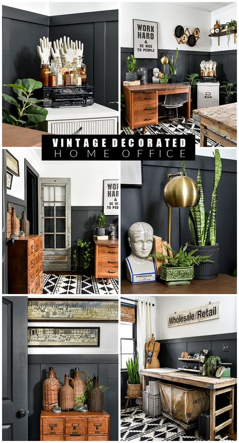 2023 Home Office Ideas, Office Decor Vintage Inspiration, Office Vintage Design, Grunge Office Decor, Feminine Industrial Office, Modern Vintage Home Office, Eclectic Home Office Inspiration, Vintage Home Office Decor, Black Office Aesthetic