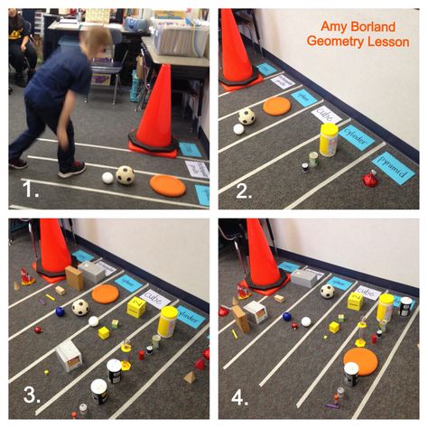 Graphing Solid Figures. Step 1: student chooses 1 item and places it on the graph. No talking allowed (I used the silent star). Step 2: building the graph. Step 3: this is where everything was after initial placement. Took down silent star and asked if there were objects that needed to be moved. Students then moved the object, explained their thinking and took signals from the group. Lots of good discussion and some disagreements at this point! Step 4: final placement of objects. Solid Figures Activities, Solid Figures, Classroom Pictures, Third Grade, Kindergarten Classroom, Teaching Classroom, Geometry