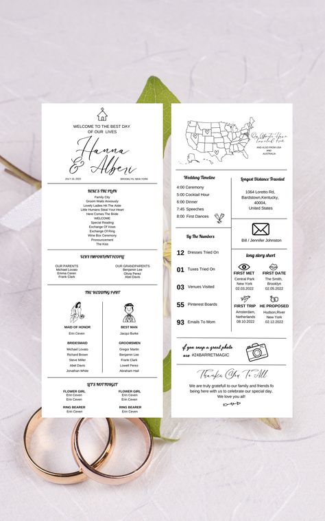 "DIY infographic wedding program canva template, Customıze fun wedding programs, non traditional wedding program, editable in canva, Personalizable THIS IS A DIGITAL ITEM. NO PRINTED ITEM WILL BE SHIPPED TO YOUR HOME. You can personalize it using the CANVA App to create your own wedding stationery and instantly download and print it. The perfect template for DIY brides. 4.25x11 INCH Add your own text, change the size of the text, delete and add text boxes.Change the color of the text, background Creative Wedding Program Ideas, Wedding Program Fun Facts, Program Ideas For Wedding, Program Wedding Ideas, Wedding Day Timeline For Guests, Wedding Ceremony Handouts, Reception Programs Wedding, Wedding Superlatives, Unique Wedding Programs Creative