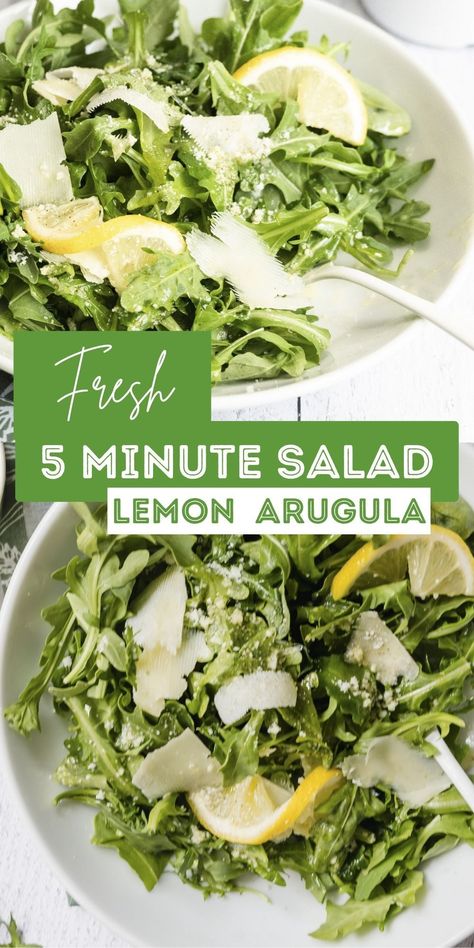 The easiest salad recipe you’ll ever make. Loaded with flavor from just three ingredients, Italian Arugula Salad is quick side dish for pasta, pizza, chicken, fish and more. Make it in under 5 minutes - you'll serve it with everything! Italian Lemon Salad, Salads That Go With Italian Food, Light Italian Salad, Italian Chicken Sides, Salad To Serve With Pizza, Chicken Arugula Salad, Arugula Pasta Salad, Pizza Sides, Quick Side Dish