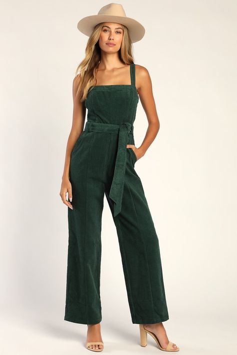 Jumpsuit Fall Outfit, Corduroy Jumpsuit, Church Fits, Jumpsuit Fall, Lulu Fashion, Green Corduroy, Green Jumpsuit, Corduroy Fabric, Sash Belt