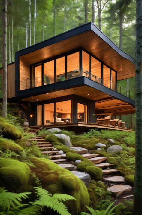 A hidden forest retreat where modern comfort meets wilderness immersion. Featuring a dramatic living roof blending with the forest floor, this sustainable design emerges from a natural clearing, offering breathtaking views of the peninsula, plateau, and valley. #ForestRetreat #SustainableDesign #EcoTravel