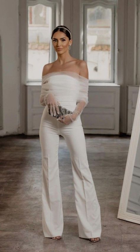 Bridal Outfits Receptions, Rehersal Dinner Pantsuit, Brides Outfit For Reception, Rehearsal Dinner Pantsuit, White Reception Outfit, Wedding Reception Pantsuit, Reception Pantsuit For Bride, Rehearsal Dinner Pants Outfit, Wedding Bride Pantsuit