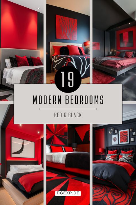 Explore a stunning collection of red and black modern bedroom ideas featuring bold patterns, sleek furniture, ambient LED lighting, and striking decor elements. Perfect for those seeking inspiration for contemporary bedroom designs, modern bedroom decor, stylish interior design, and unique bedroom aesthetics. Discover chic red and black bedroom ideas to transform your space into a stylish and trendy retreat. Ideal for modern bedroom furniture, decor, and lighting enthusiasts. Black Red Gray Bedroom Room Ideas, Black White And Red Bedroom Ideas, Red Accent Wall Bedroom Boys, Red Bedroom Ideas For Boys, Black And Red Bedroom Decor, Red And White Bedroom Ideas, Red And Black Bedroom Ideas, Red Bedroom Colors, Cozy Bedroom Ideas For Couples Romantic