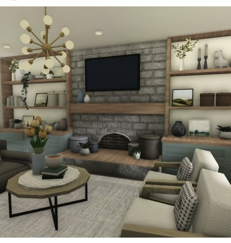 Bloxburg Living Room Ideas Modern Farmhouse, Things To Add To Your Bloxburg Living Room, Blocksburg Living Room Ideas Modern, Fireplace Bloxburg Ideas, Bloxburg Rustic Interior, Rustic Bloxburg Living Room, Boo Burg Living Room Ideas, Bloxburg Inspo Living Room, Bloxburg House Inspo Living Room