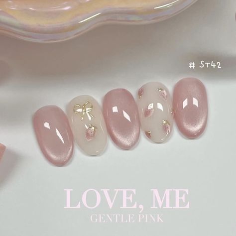 Simple Japanese Nail Art, Pink Asian Nails, Press On Nails Korean, Korean Nail Inspo Cute, Clear Nail With Design, Japanese Nail Designs Kawaii, New Years Gel Nails Ideas, Pink Glass Nails, Kawaii Nail Art Korean