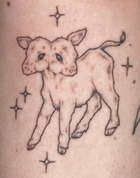 Goat Zodiac Tattoo, Calf With Two Heads Tattoo, Two Headed Cow Art, Two Headed Fawn Tattoo, Two Headed Sheep Tattoo, 2 Headed Lamb Tattoo, Two Headed Lamb Drawing, Colored Patchwork Tattoo, Aesthetic Animal Tattoo