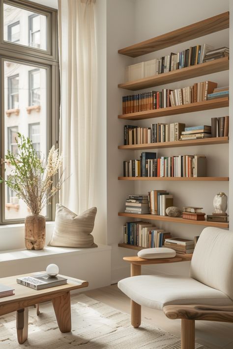 Transform Your Walls: Shelving Unit Ideas for Efficient Home Libraries - Quiet Minimal Scandi Shelves, Home Office Reading Corner, Bookshelf On Wall, Small Book Store, Home Office Bookshelves, Interior Design Office Studio, Shelving Corner, Cozy Home Design, Corner Library