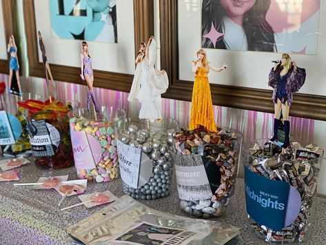 Bennett's ERAs Tour Birthday Party — PB&Grey Eras Tour Candy Bar, Taylor Swift Candy Table, Eras Tour Viewing Party, Eras Food Ideas, Taylor Swift Themed Dinner Party, Eras Party Theme, Swiftie Party Food, Eras Bday Party, Taylor Swift Candy Bar Ideas