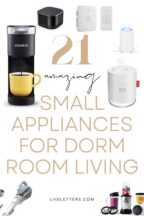 21 AMAZING SMALL APPLIANCES FOR DORM ROOM LIVING. Collage of several dorm room appliance ideas including keurig, vacuum cleaner, doorbell, air purifier, and humidifier College Essentials Supplies, College Essentials List, College Backpack Essentials, Mini Appliances, Dorm Room Checklist, Dorm Room Layouts, Freshman Dorm, Dorm Room Wall Decor, College Packing