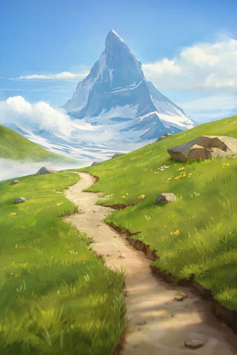 "Mountain pathway" by Mirko C.P. (Jacksonjoker) Mountain Pathway, Painting Ideas Easy Simple, Mountain Background, Mountain Drawing, Mountain Illustration, Landscape Concept, Arte Sketchbook, Landscape Drawings, Mountain Art