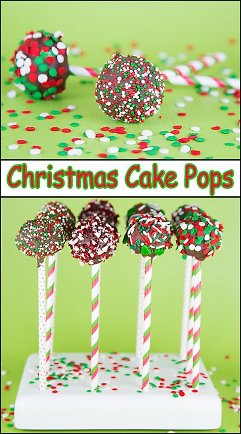 Cake Pops put the fun in cake! Loved by both kids and adults, what's not to love about a couple of bites of cake, dipped in chocolate, and rolled in your favorite sprinkles? Cake pops | Christmas | holiday baking | Cale Pops Christmas, Easy Holiday Cake Pops, Christmas Cake Pop Flavors, Christmas Cake Pop Recipe, Diy Christmas Cake Pops, Cake Pops Holiday, Christmas Cake Pops Recipe Easy, How To Make Christmas Cake Pops, Simple Christmas Cake Pops