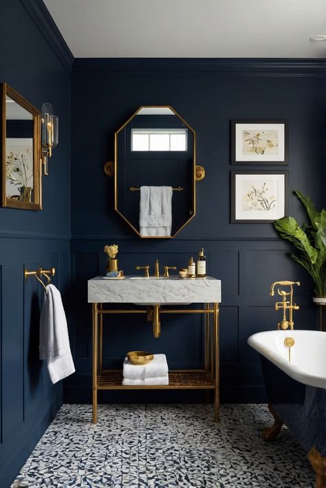 Navy Blue Bathroom Aesthetic, Powder Room Navy Blue, Navy Vintage Bathroom, Arch Digest Bathroom, Navy Blue Bathroom Walls Paint, Gold And Dark Blue Bathroom, Navy Blue Wall Bathroom, Bold Powder Room Ideas Modern, Unique Bathroom Color Schemes