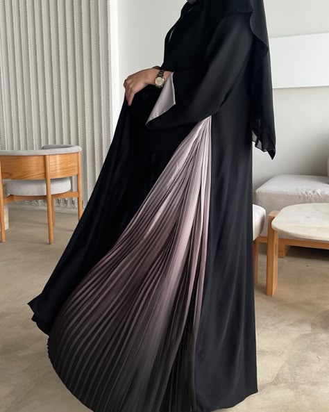 Black A-cut abaya featuring captivating ombré sides. #abaya #fashion #modestfashion #modestclothing #abayadubai #abayastyle #ootd #abayaoutfit #hijabers #fyp Abaya Styling Ideas, New Abaya Designs Dubai 2024, Black Abaya Outfit Ideas, Ombre Abaya, Modern Abaya Casual, Arabic Abaya Designs, Black Abaya Designs Dubai Style, Ombre Hijab, Abaya Fashion Black