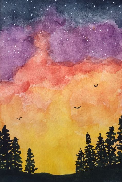 Simple Watercolor Sunset, Sunset Drawing Easy Watercolor, Watercolor Sunset Silhouette, Easy Landscape Ideas Painting Watercolor, Watercolor Art For Beginners Sunset, Things To Draw With Watercolor Easy, Sun Set Watercolor, Watercolor Sillouhette Painting, Sunset Journal Ideas