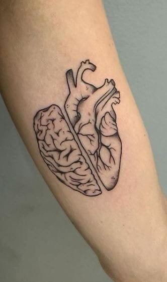 Heart And Mind Balance Tattoo, Melting Brain Tattoo, Get Out Of Your Head Tattoo, Upside Down Heart Tattoo, Head Vs Heart Tattoo, Mind Heart Tattoo, Protected Heart Tattoo, Head And Heart Tattoo, Human Anatomy Tattoo