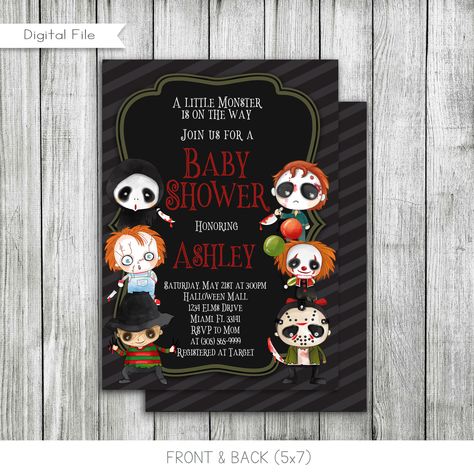 Horror Theme Gender Reveal, Horror Movie Baby Shower Ideas, Horror Themed Baby Shower Ideas, Baby Shower Themes Halloween, Horror Baby Shower Ideas, Spooky Baby Shower Ideas, Horror Movie Birthday, Halloween Themed Baby Shower Ideas, Halloween Baby Shower Invitations