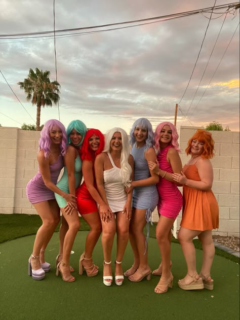 Colored Wig Outfit Bachelorette, Color Wig Bachelorette Party, Color Wigs Bachelorette Party, Rainbow Wig Bachelorette Party, Bachelorette Colour Theme Outfits, Fun Wigs For Bachelorette, Wigging Out Bachelorette Party, Wig Hens Party, Bachelorette Party Wig Night Outfits