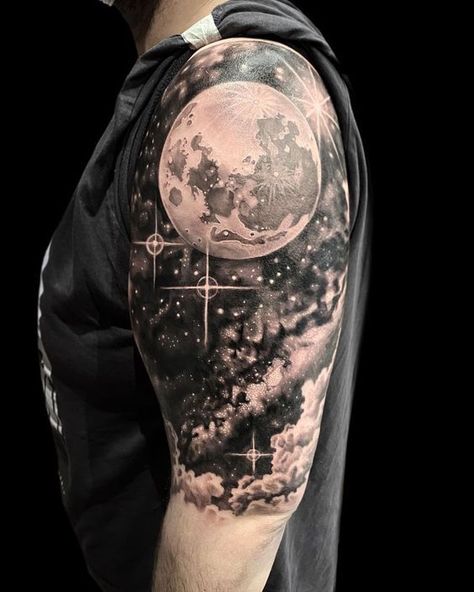 Galaxy Tattoo Ideas Universe, Mens Space Tattoos, Realistic Space Tattoo, Shoulder Space Tattoo, Prufrock Tattoo, Moon Galaxy Tattoo, Galaxy Sleeve Tattoos For Women, Space Shoulder Tattoo, Milkyway Tattoos