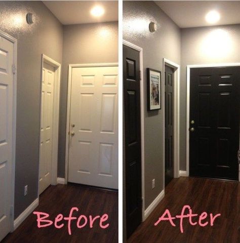 Hallway before & after Doors Painted Black, Hallway Makeover, Black Interior Doors, Interior Design Minimalist, Doors Wooden, Tile Remodel, House Door, Living Room Remodel, Black Doors