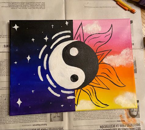 Yin and yang Sun And Moon Painting Easy, Trippy Painting, World Dance, Painting Canvases, Easy Canvas, Cute Canvas Paintings, Easy Canvas Art, Moon Painting, Cute Canvas