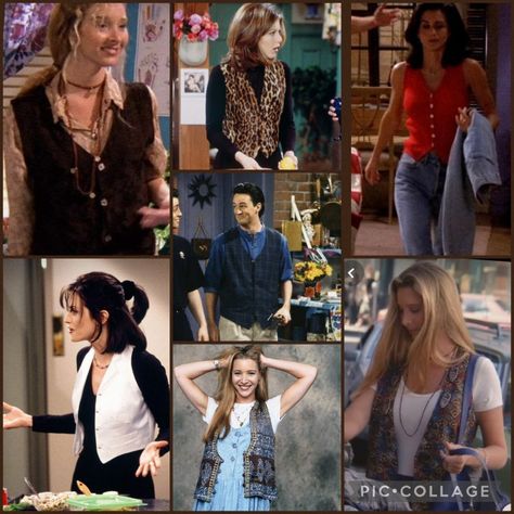 #friends #friendstv #friendsoutfit #outfit #style #outfitideas #ootd #vestoutfits #waistcoatoutfits #waistcoats #styleinspo #90'sstyleinspo #90's #retro #vintagefashion #autumn #autumnfashion #autumnstyleinspo #thriftinspo #thrift #thriftedstyle #phoebebuffay #monicageller #rachelgreen #chandlerbing #phoebebuffaystyle #brownoutfits #brown Summer Turtleneck Outfit, Vest Outfits 90s, Vest 90s Outfit, Friends Vest Outfit, Cheap 90s Style Vest, 90s Denim Vest Outfit, 90s Vest Outfits For Women, 2000s Vest Outfits, 80s Vest Outfits