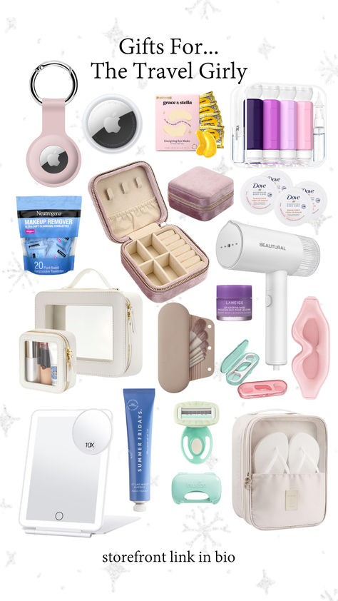 A thoughtful selection of Christmas gift ideas for the travel girl, featuring essential travel items like an AirTag, soothing face mask, packing cubes, travel-sized essentials, and makeup and jewelry storage. Perfect gifts for any frequent traveler to stay organized and refreshed on the go. Organization Makeup Storage, Travel Gifts Ideas For Women, Gifts For People Who Travel, Amazon Travel Essentials, Gift Ideas For Travelers, Amazon Gift Ideas, Travel Themed Gifts, 2024 Travel, Travel Christmas Gifts