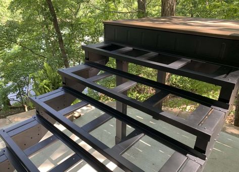 Framing Hub Stairs With Landing, Steel Deck Framing, Staircase Frames, Metal Staircase, Deck Framing, Metal Steps, Steel Stairs, Wood Steps, Exterior Stairs