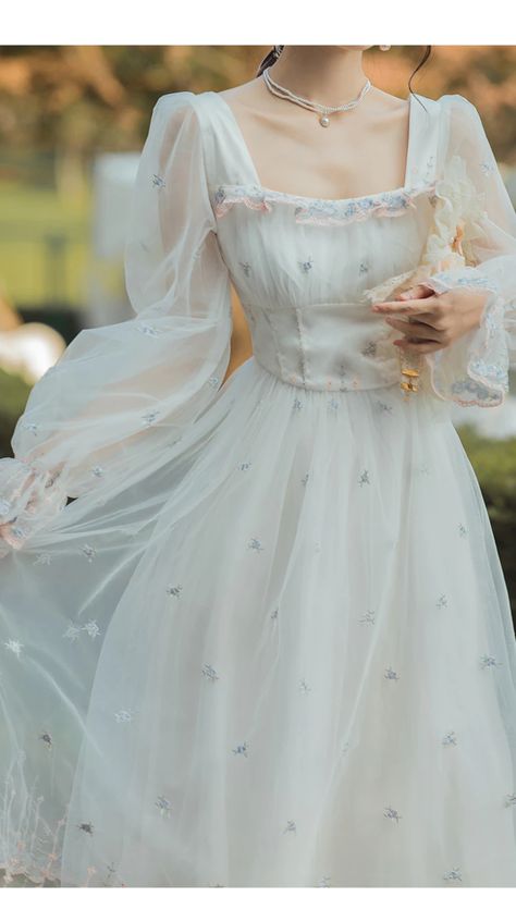 Floral Princess Dress, White Dress Aesthetic, Cottagecore Chic, Victorian Cottagecore, Wedding Bridesmaid Dress, Flower Embroidered Dress, Bridesmaid Attire, French Dress, Cottagecore Dress