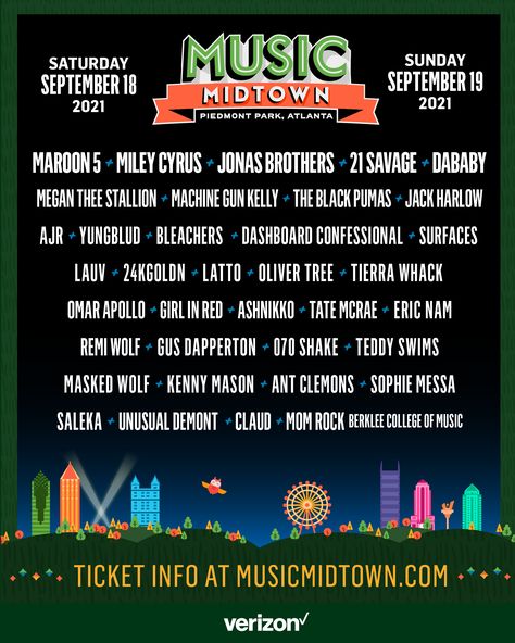 Music Midtown will begin on Saturday, September 18th and end on Sunday, September 19th at Piedmont Park in Atlanta, Georgia. Music Midtown, Dashboard Confessional, Music Tickets, American Festivals, Berklee College Of Music, Festival Guide, Piedmont Park, Vip Tickets, Lil Yachty