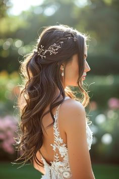 Bridal Hairstyles Romantic, Spring Wedding Hairstyles Bride, Bridal Hair Styles Long Hair, Wedding Hair Backless Dress, Bridal Hairstyles Brunette, Wedding Hairstyles Brunette, Fairytale Hairstyles, Whimsical Wedding Hair, Wedding Hairstyles Long Hair