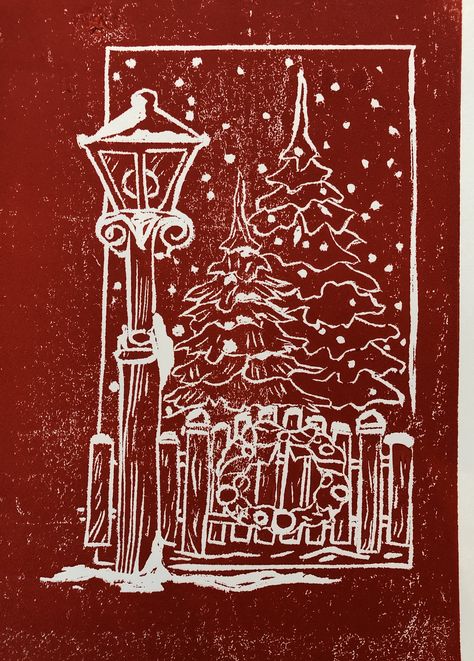 Christmas Print Making, Lino Print Ideas Christmas, Christmas Cards Lino Print, Christmas Linocut Ideas, Linocut Prints Christmas, Christmas Card Lino Print, Lino Christmas Cards, Xmas Linocut, Christmas Block Print