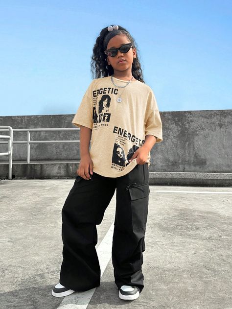 Tween Girl Trendy Figure Print Drop Shoulder Tee & Cargo Pants Casual 2pcs Set Apricot     Figure,Letter  High Stretch  Tween Girls Clothing, size features are:Bust: ,Length: ,Sleeve Length: Over Size Outfit, Urban Fashion Women, Drop Shoulder Tee, Slim Fit Top, Pants Casual, Elegant Dresses Long, Pantalon Cargo, Kids Sleepwear