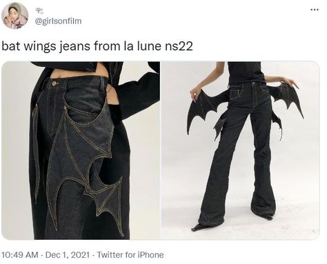 Bat Wing Jeans, Bat Wing Pants, Y2k Vampire Outfit, Bat Wing Outline, Gender Fluid Prom Outfit, Bat Inspired Outfit, Bat Jeans, Whale Tail Pants, Bat Pants