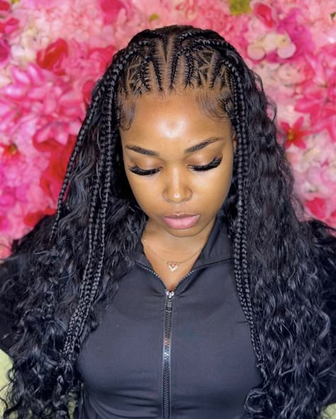 Feed Ins Half Up Half Down, Half Up Have Down Braids, Braids With Sow In, Half Cornrows Half Goddess Box Braids, Tribe Braids With Curls, Stitch Braids Sew In, Feed In Braids And Sew In, Feedin Braids With Curly Hair Sew In, Half Canerow Half Weave