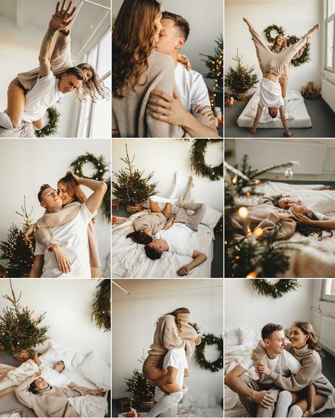 Couple Photoshoot On Bed, Couples Photoshoot Bed, Christmas Kitchen Photoshoot Couple, Christmas Bedroom Photoshoot Family, Studio Christmas Photos Couple, Christmas In Bed Photoshoot, Christmas Couple Photoshoot Outfits, New Year Photoshoot Ideas Couple, Christmas Couple Studio Photoshoot