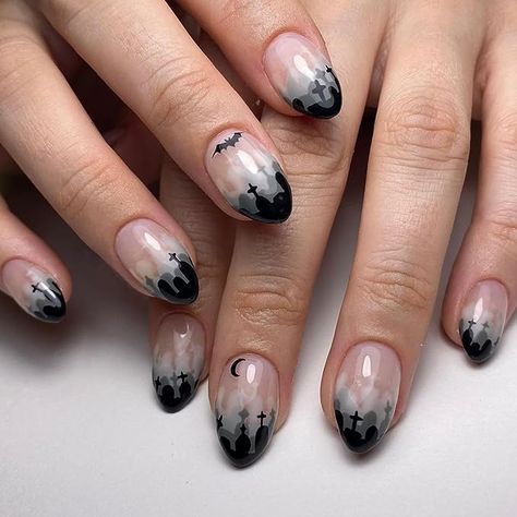 Love these super cute press-on nails! Super fun for spooky season! Love the black smokey design. They're easy to put on yourself and they're super affordable too! {Color Shown: 063} Check out my pinterest for more nail inspo! :) #ad #spookyseason #nailinspo #naildesigns #manicure #pressonnails #almondnails #fallnails #fallnailideas #halloweennails #halloween #shortnails #blackandwhitenails #diynails #nailart #athomemanicure Colored Nail Tips, Halloween Nails Diy, Fake Nail Tips, Halloween Press On Nails, Nagel Tips, Nail Type, Fake Nail, Halloween Nail, Nail Length