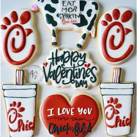 Decorated sugar cookies chick fil a cookies Chick Fil A Cookies Decorated, Chick Fil A Party Theme, Chickfila Birthday Party, Chick Fil A Birthday Party Theme, Chick Fil A Cookies, Chick Fil A Birthday, Chick Fla, Diy Cookie Kits, Plain Sugar Cookies