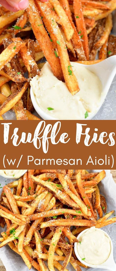 Truffle Fries is a restaurant staple side dish that’s so easy to make at home! You can use your air fryer or fry it in oil to make these crispy, flavorful fries. It’s amazing how just a simple side of fries can be completely transformed with two ingredients: parmesan cheese and truffle oil. Oh – and you can’t forget to make the parmesan aioli, of course! Truffle Fries Recipe, Parmesan Aioli, Truffle Oil Recipes, Parmesan Truffle Fries, Homemade Truffles, Homemade Fries, French Fries Recipe, Truffle Fries, Fries Recipe