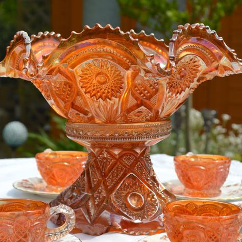 Marigold Carnival Glass 8 Piece Punchbowl with Stand by Wicksteads, £155.00 Crystal Glassware Antiques, Carnival Glass Vintage, Carnival Glassware, Bowl Sets, Punch Bowl Set, Orange Decor, Punch Bowls, Imperial Glass, Glass Pumpkins