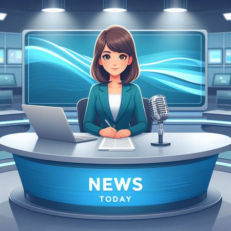 Free Download: Cartoon-Style Newsroom Vector with Female Anchor - vectorartworld.com Anchor Illustration, Anchor Pictures, Cartoon News, Graduation Images, Catwoman Comic, Bird Logo Design, Whatsapp Profile Picture, New Advertisement, Cute Mobile Wallpapers