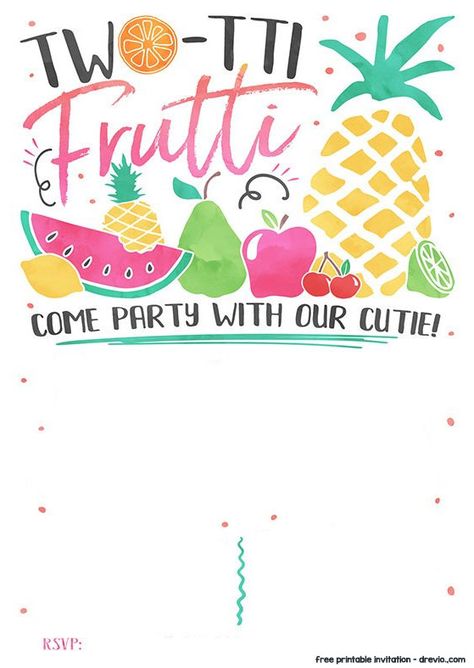 It's Two-tti Frutti time! Celebrate your kids' second birthday party with our free printable Tutti Frutti birthday invitation template. Celebrate your summer party with fruity party. All you have to do is just download the invitation below and write Two Ti Fruiti Party Ideas Diy, Twotii Fruitii, Fruit Invitation Template, Twotti Fruity Invitation, Twotti Fruity Party Invitation, Two Ti Fruiti Birthday, Tutti Frutti Invitation Template, Teen Titans Go Birthday, Twoti Fruiti Birthday Party Invitation